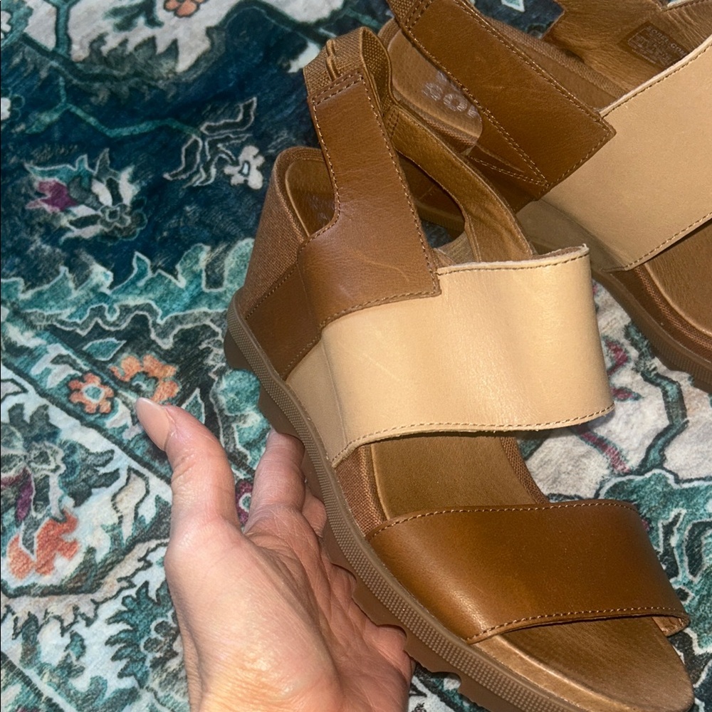 Sorel Two-Tone Brown & Tan Slingback Wedge Sandals - Picture 3 of 5